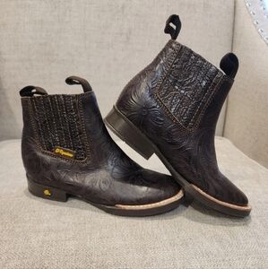 El Ranchero Kids Boots Dark Brown Embossed Leather Chelsea NEW Western 12.5/18.5